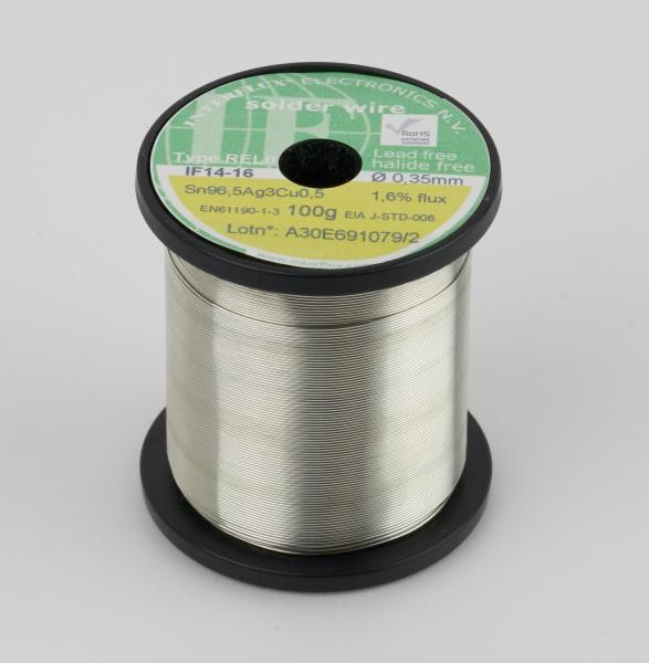 Lead free SAC305 (Sn96,5Ag3,0Cu0,5) solder wire with 1,6% REL0 flux, ø 0,35 mm, 100 gr. reel. 