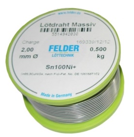 Sn100Ni+® lead free low dross solid solder wire for solder pots, ø 2.0 mm, 500 gr. reel. 