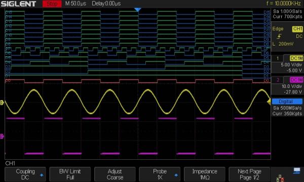 MSO function software for SDS1000X-E 4 channel oscilloscope, 16-channel, 500 MSa/s, 14 Mpts 