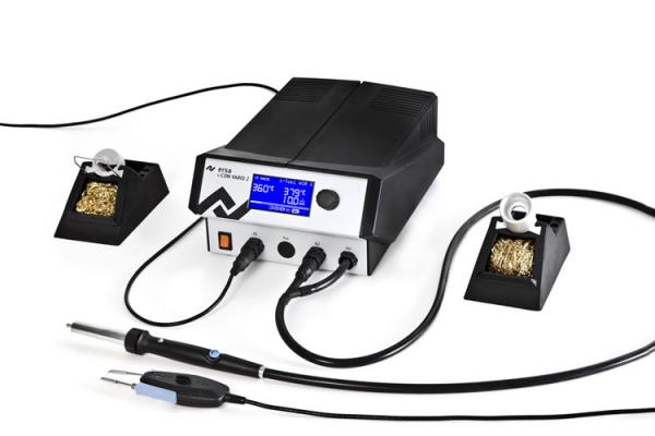 i-CON VARIO 2, 2-channel (de)soldering station with interface and i-Tool AIR S hot air soldering iron and Chip Tool VARIO desoldering Tweezers. 