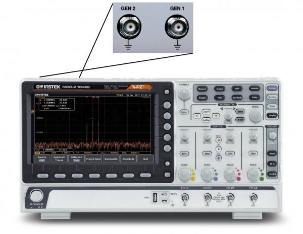 100MHz, 4-ių kanalų, 1GS/s skaitmeninis osciloskopas, 500MHz RD spektro analizatorius ir 2-jų kanalų, 25MHz laisvos formos signalų generatorius 